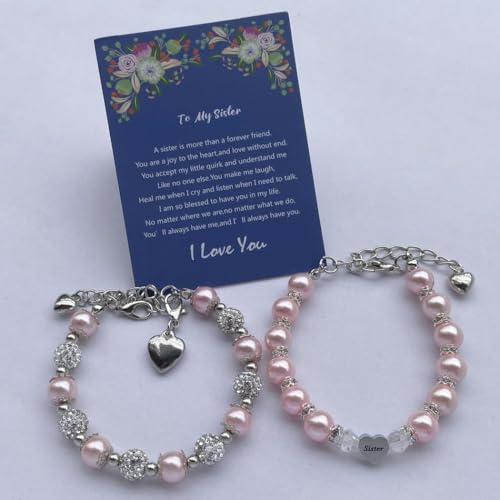 Image of DOLON 2 Pcs Imitation Pink Pearls Crystal Beads Heart Charm Bracelets Gift for Granddaughter,Sister,Daughter with Graduation Birthday Christmas First Day Wish Card