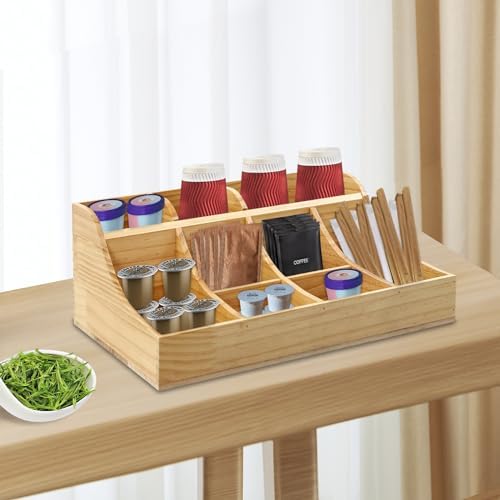 Coffee Bar Organizer for Countertop, Wooden Condiment Holder, Coffee Station Organizer, Coffee Pod Storage, Home Office Cafe Decor, 9 Compartments, Rustic Wood Finish