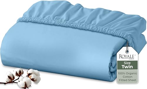 Image of Royale Linens 100% Organic Cotton Fitted Sheet - Percale Weave - Super Soft Deep Pocket Bottom Sheets - Lake Blue Elastic Sheet Twin Size - Twin Fitted Sheets Only - (39 inchx75 inch+15 inch, Lake Blue)