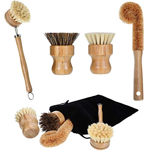 4 Pieces Bamboo Scrub Brush Mini Pot Brush Dish Scrubber Natural Scrub Brush with Handle for Cleaning Dishes, Pots, Pans