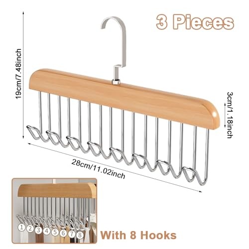 3 Stück Gürtelhalter Kleiderschrank,28 cm Holz Kleiderbügel Krawattemhalter,Kleiderbügel mit 8 Haken,Drehbarer Krawattenbügel Platzsparend,Gürtelaufhänger für Schals,Krawatten,Gürtel,Hosenträger