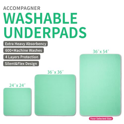 Image of Accompagner Incontinence Bed Pads Washable Waterproof, Ultra-Absorbent Reusable Underpads for Diaper Changing, Nursing, Bedridden, Adults, Seniors, Kids and Dogs (Green, 36 inchx54 inch(Pack of 2))