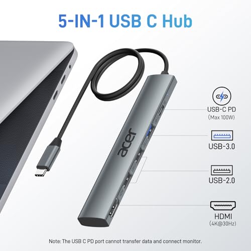 Acer 5 in 1 USB C Hub with 4K HDMI, 100W Power Delivery, 3 USB A Data Ports - image 2