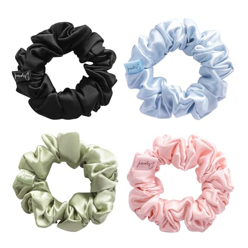 Desmend Scrunchies in Seta 100% Pura Seta Elastici per Capelli per Donne e Ragazze Nessun Danno, Morbidi e Delicati Perfetti per Code di Cavallo 4 Pezzi: Nero/Verde/Rosa/Blu