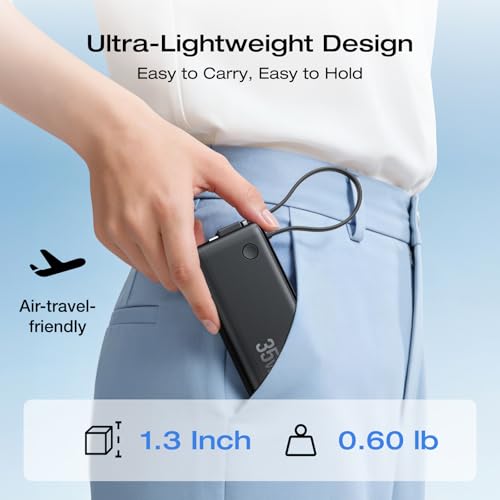 EF ECOFLOW Rapid 3-in-1 Portable Charger, 10,000mAh Power Bank with Built-in USB-C Cable and Foldable Wall Plug, 30W Max Battery Pack, Travel Essentials for iPhone 17/16/15 Series, Galaxy, MacBook - image 3