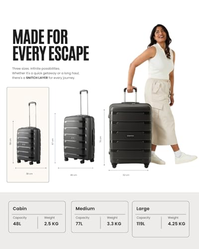 Image of SNITCH Layer Cabin Size Black Polypropylene Hard Travel Suitcase - Trolley Bag Small & Luggage with 8 Wheels, Premium Lock, Wet & Dry Pouch & Free Shoe Bag