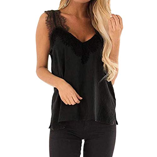 Débardeur sans manches avec bordure en dentelle et col en V pour femme - Noir - 40 Cover