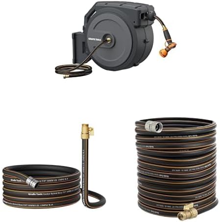 Giraffe Tools AW40 Garden Hose Reel 5/8 inch x 90 ft Wall Mounted+Giraffe Tools Garden Hose 25ft x 5/8", Female and male Fittings+Giraffe ToolsGarden Hose 75ft x 5/8", Male and Female Fittings