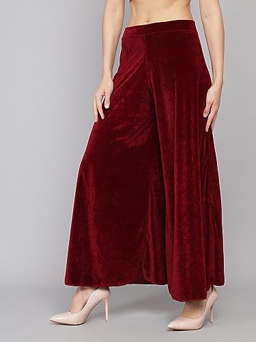Image of Vaararo Party Trousers for Women | Shiny Velvet Fabric Wide Bottoms Stylish Palazzo Pants