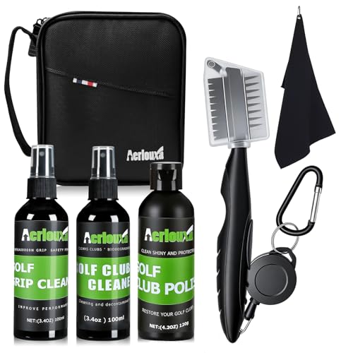 Aerlouxa 6-in-1 Golf Club Cleaning Kit - Club Cleaner Grip Cleaner Polish Water-Spray Brush Professional Golf Towel & Portable Bag | Restores Clubs Removes Rust/Scratches Renews Tackiness