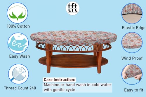 Image of The Furnishing Tree Elastic Cotton Oval Center Table Cover 16x48 in Inches Floral Multicolor on offwhite Base