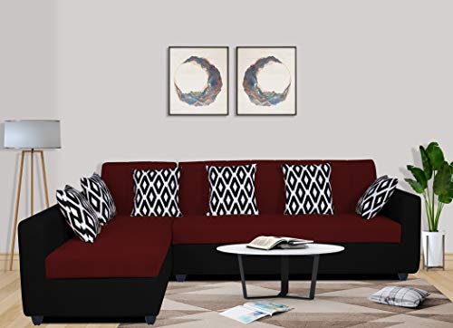 Image of Adorn India Rio Highback L Shape 6 Seater Sofa Set (Left Side Handle)(Maroon & Black)