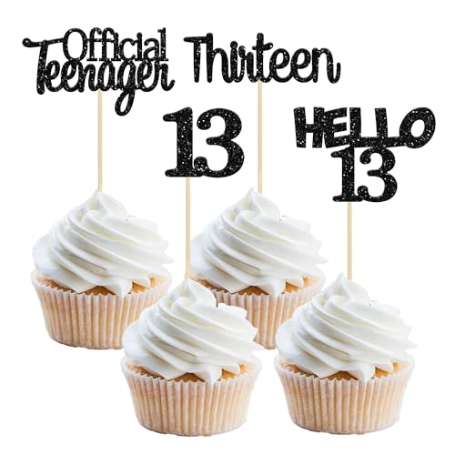 Gyufise 24Pcs Black Glitter 13th Birthday Cupcake Toppers Hello 13 Thirteen Cake Toppers Official Teenager Cupcake Picks 13th Birthday Party Cake Decorations Supplies