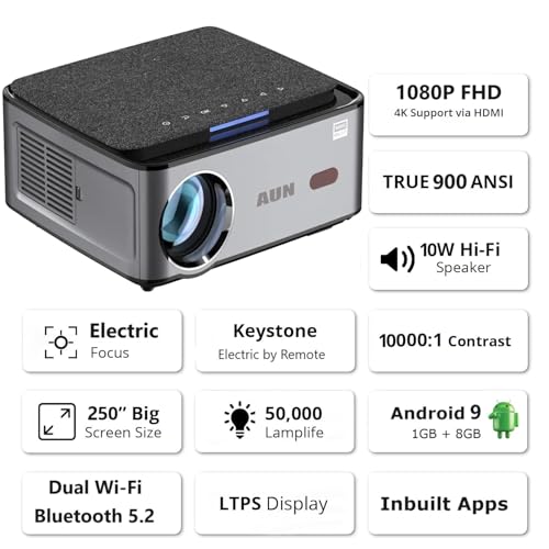 Image of AUN P1 1080p Native Resolution Projector for Home 4K Support, Electric Focus, Android 9, 8000 Lumen (790 ANSI) 5G WiFi Bluetooth Inbuilt Netflix PrimeVideo Hotstar 10W Speaker HDMI 300 inch Max Display