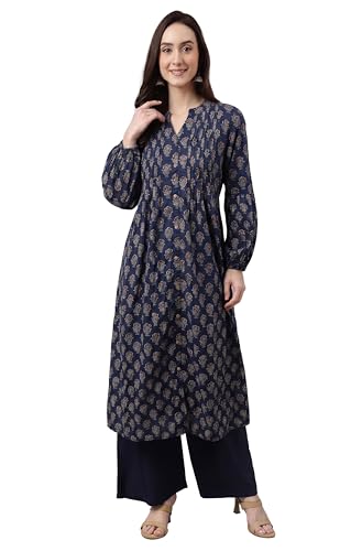 Image of Janasya Women's Pure Cotton Floral Printed A-line Kurta
