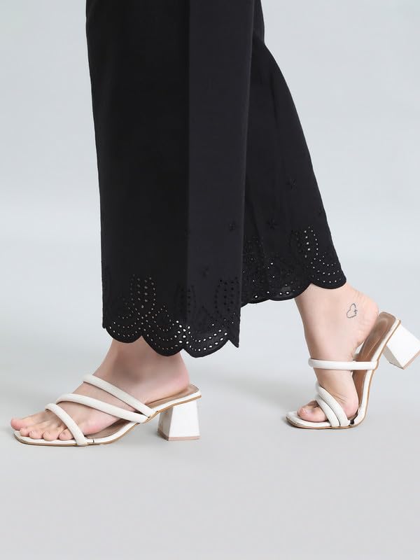Image of GO COLORS Women's Cotton Hakoba Palazzo | Ankle Length, Schiffli Embroidery, Relaxed Fit, Mid-Rise with Side Pocket