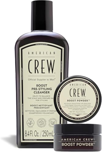 American Crew - Rutina Volumen para Hombres con Cabello Fino, Champú Previo al Peinado Boost Pre-Styling Cleanser 250 ml + Polvo Voluminizador Boost Powder 20g