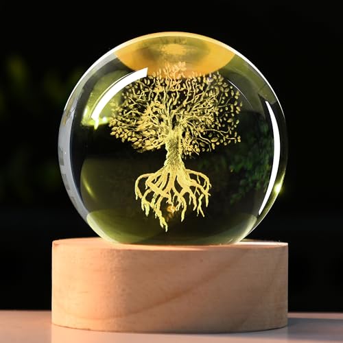 IFOLAINA Árvore da Vida Bola de Cristal com Base Iluminada Bola de Vidro Gravada a Laser Árvore da Vida Luz Noturna Globos Decorativos 3D Cristal Planta Esferas Presentes para Aniversário dela