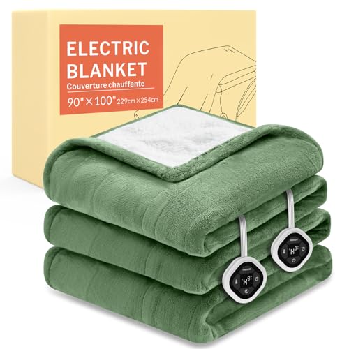 Image of HOMLYNS LuxeHeat Heated Blanket Electric Blanket King Size, Soft Flannel Sherpa Heating Blanket with 10 Heat Settings, 1-10 hrs Timer Auto Shut Off (90x100 inches, Green), Only for 120V Voltage Use