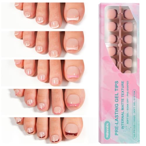 Misssix Press On Toe Nails Short, 150Pcs French Toe Nail Tips, 5 Colors Square Soft Gel Fake Toe...