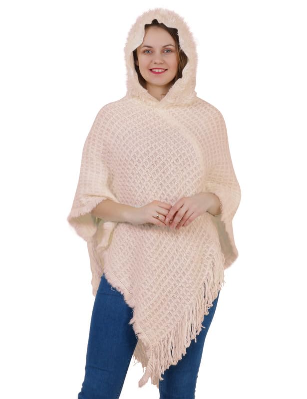 MANRA Ladies' Hooded Cape with Fringed Hem, Crochet Poncho Knitting Patterns for Women (SC 21/CREAM/FREE)-image-11