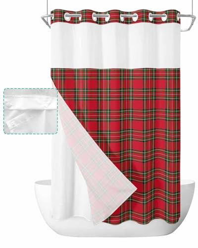 Image of Teamery No Hook Shower Curtain, Christmas Winter Red and Green Checkered Tartan Scottish Curtain Liner Set See-Through Top Double Layers Fabric Shower Curtains for Bathroom Decor, 36" x 72"