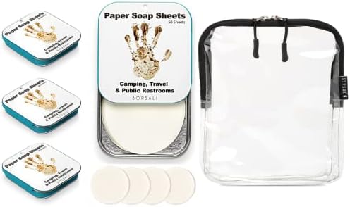 BORSALI Paper Soap 4 Cases with 50 Sheets Each & 4 50 Sheet RefillsTo Go + Black TSA Approved Clear Toiletry Bag Quart Size for Travel