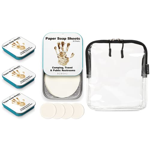 Borsali Paper Soap 4 Cases With 50 Sheets Each & 4 50 Sheet Refillsto Go + Black Tsa Approved Clear Toiletry Bag Quart Size For Travel #TOP3