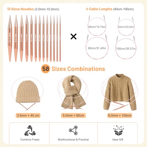 Image of Aeelike Interchangeable Knitting Needles Set, 13 Pairs Aluminum Circular Knitting Needles (3.0mm-10.0mm) with 4 Flexible Cords for Lace Socks & Bulky Projects, Travel Weaving Gift Set