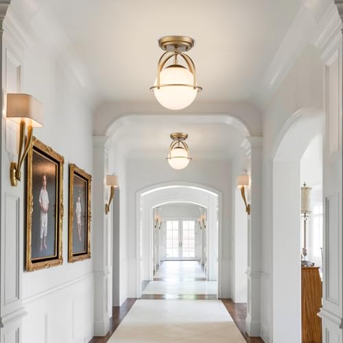 Image of Gold Semi Flush Mount Ceiling Light 8.7 inch Milk Glass Globe Ceiling Light Fixture Mid Century Modern Small Chandelier for Hallway Kitchen Bedroom or Schoolhouse Light Fixture