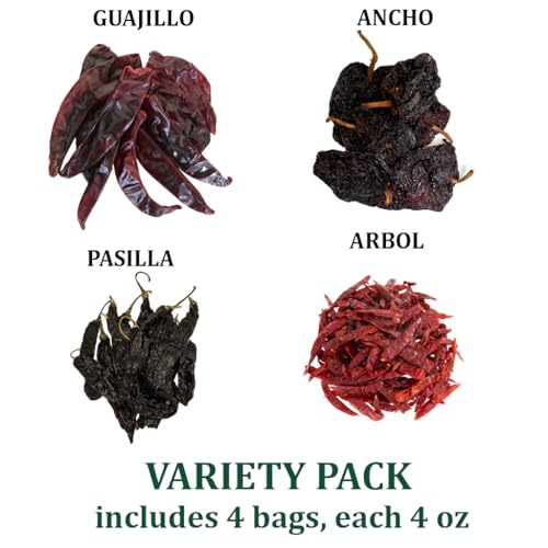 1400S SPICES Dried Chiles Peppers 4 Pack Bundle - Chile Guajillo Stemless, Ancho, Pasilla and Arbol
