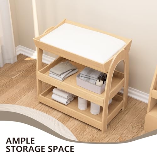 Image of Baby Changing Table, Wood Diaper Changing Table with 2-Tier Storage Shelves, Wooden Baby Changing Station for Nursery, Modern Changing Table Dresser