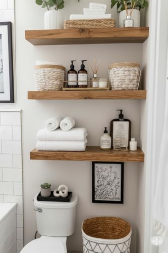Image of Solid Wood Floating Wall Shelves Set of | Rustic Wooden Display Shelves for Living Room, Bedroom, Kitchen & Bathroom | Heavy Duty Wall Mounted Shelves (20 inches, 3 Shelves)