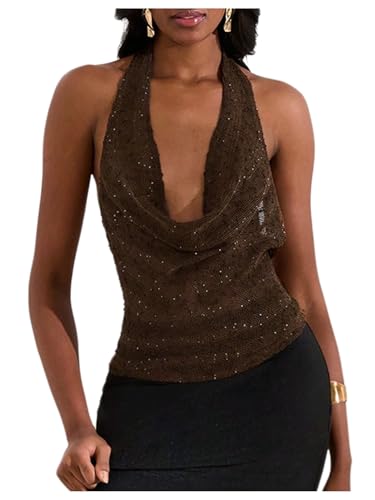 MakeMeChic Women's Sparkly Sequin Tops Cowl Neck Halter Top Crochet Blackless Rave Going Out Tops