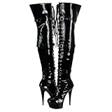 SheSole Ladies Patent Leather Thigh High 15CM Stiletto Heel Dancer Boots with Zipper Lace Up Club Party Cosplay Shoes Black Size 12