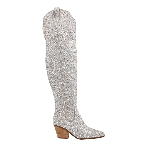 Kvzfnz Women's Cowboy Boots Western Cowgirl Boots Rhinestone Over The Knee High Boots Chunky Stacked Heel Pointed Toe Pull-On Cowboy Boots For Women #TOP1