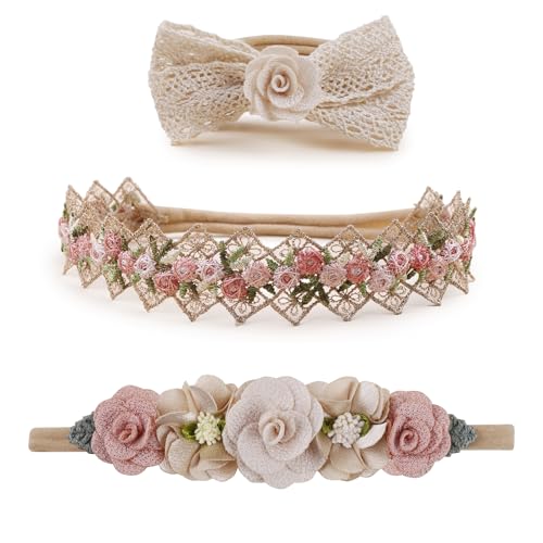 Image of mligril Baby Girl Floral Headbands- 3pcs Nylon Headband Handmade Flower Crown Elastic Hairband Newborn Toddler Hair Accessories Gifts for Girls (1-6 years old)
