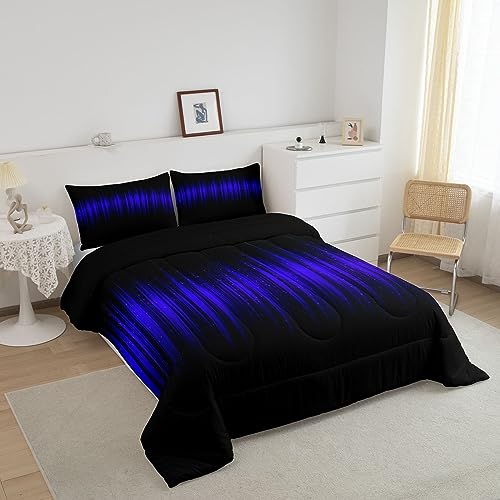 Image of Feelyou Abstract Ombre Stripes Comforter Queen Size for Boys Girls, Purple and Black Comforter Set Geometric Abstract Ombre Bedding Set Blue and Black Striped Duvet Set Durable Quilt Set