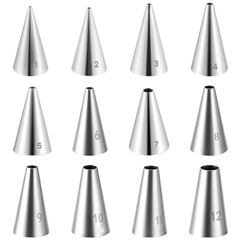 12PCS Piping Tips Cake Kit Stainless Steel Cupcake Frosting Nozzles Cake Decorating Nozzles Decorating Tool for Baking Cookies Puff Doughnut Cream Bag Filler