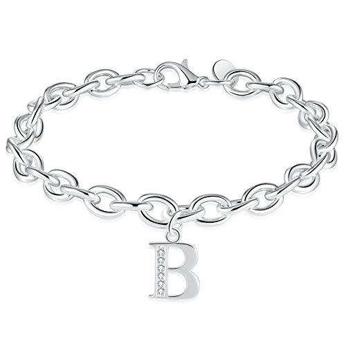 WIBERN Name Jewelry Silver 925 Plated Zircon Stone 26 Letters Alphabet B Initial Charm Link Bracelet for Women (Alphabet B)