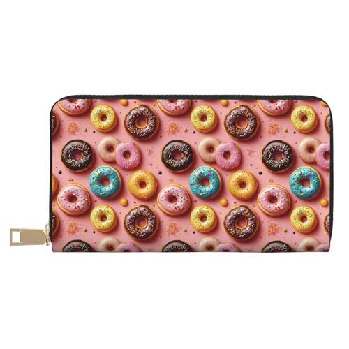 Leather Thin Slim Wallets for Women & Men - Colorful Donuts A Print Card Wallet Holder with Zipper