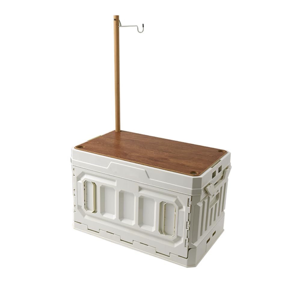 DRXRDFoldable Storage Bins with Wood Lids 17 Gal Stackable Storage Box with Pull Rings and Light Stand Portable Plastic Tote Crates for Outdoor Storage, Toy Organizer, and Home Storage