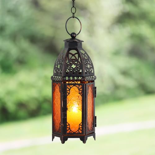 NEEDOMO 11'' Moroccan Lanterns Decorative Indoor & Outdoor, Vintage Christmas Candle Holder, Metal Lanterns Decorative, Table, Patio, Porch, Shelf, Christmas Spring Halloween Home Decor (Amber)