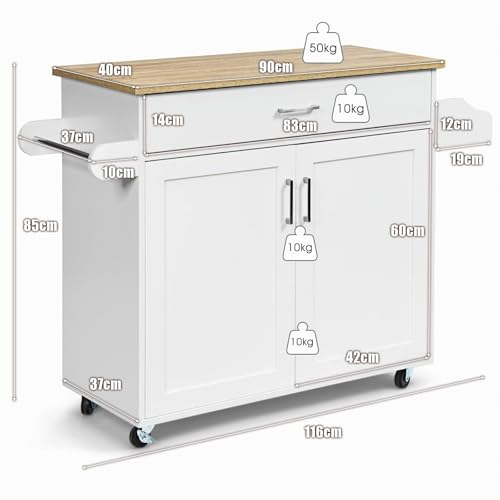 Miniatura 7 de Giantex Isla De Cocina Móvil Con Ruedas, Carro De Cocina Con Cajón, Armario, Estante Lateral Para Especias Y Toallero, Mueble Auxiliar De Almacenamiento Para Comedor Blanco, 116x40x85cm