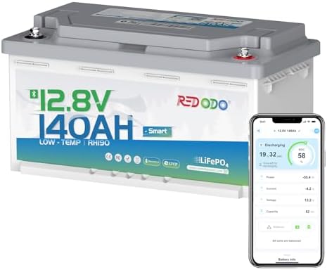 Redodo Bluetooth Batería Litio 12V 140Ah H190,LiFePO4 Batería Protección Baja Temperatura,BMS 150A,Energía 1792Wh,15000 Ciclos Profundos RV Asientos A...