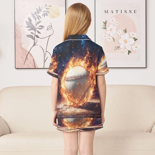 ALAZA Baseball Flame Sky Satin Pajamas Set Short Sleeve Button Down Sleepwear Summer Pjs 2 Piece4