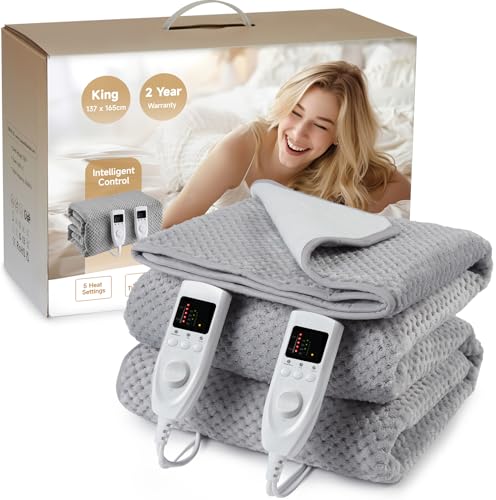 HAUSPROFI Electric Blanket King Size, Heated Underblanket Bed Warmer with Dual Control 5 Heat Settings 10 Timer Settings Soft Fleece Flannel, Machine Washable with Detachable Control (165 * 137cm) HAUSPROFI Electric Blanket King Size, Heated Underblanket Bed Warmer with Dual Control 5 Heat Settings 10 Timer Settings Soft Fleece Flannel, Machine Washable with Detachable Control (165 * 137cm)