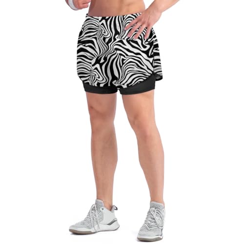 Men's 2 in 1 Running Short Zebra Stripes Print Gym Athletic Sport Shorts for Men with Liner Phone Pockets, S4