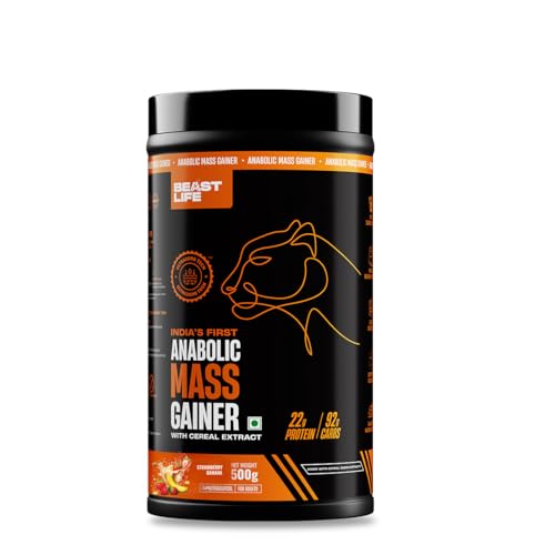 Image of BeastLife High Protein Mass /Weight Gainer | 500 Gram | Strawberry Banana | NABL LAB Tested | For Muscle Gain & Fast Growth | Cereal-Based Formula, No Maltodextrin | India's #1 Cereal Based Bulk Gainer