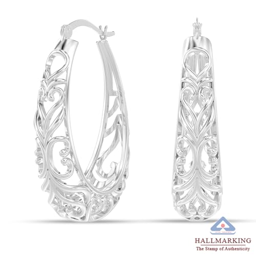 Image of TRUESILVER ACPL 925 Sterling Silver BIS Hallmarked Filigree Hoop Earrings for Women & Girls | Lightweight Designer Oval /Round Hoops | Everyday Wear | Gift for Her